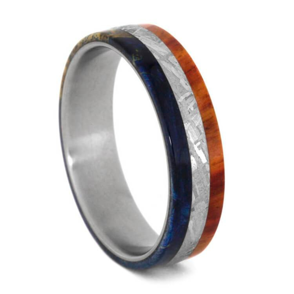  Gibeon Meteorite, With Blue Box Elder Burl 6mm Matte Titanium Comfort-Fit Wedding Ring